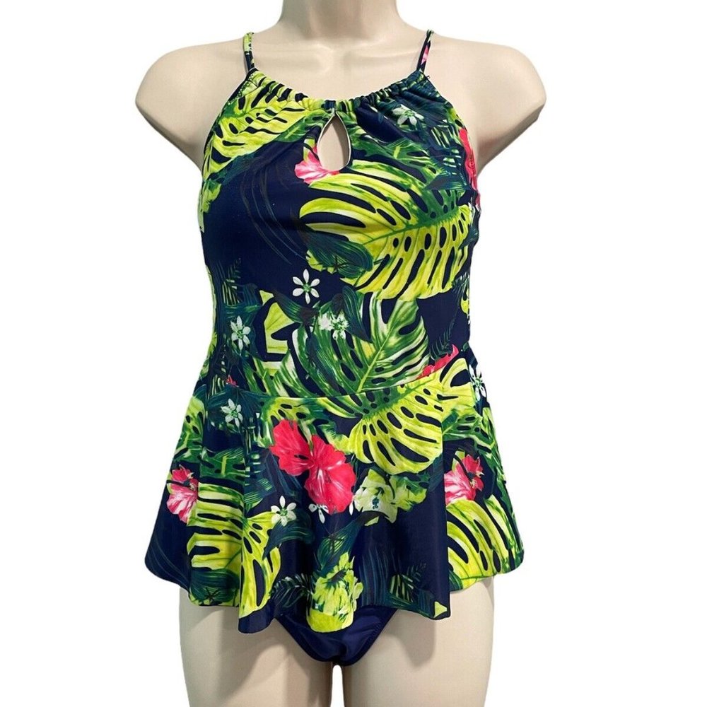 Women Small 2 Pc Tankini Swimsuit Hawaiian Royal Blue/Green/Hot Pink Ruffle Top